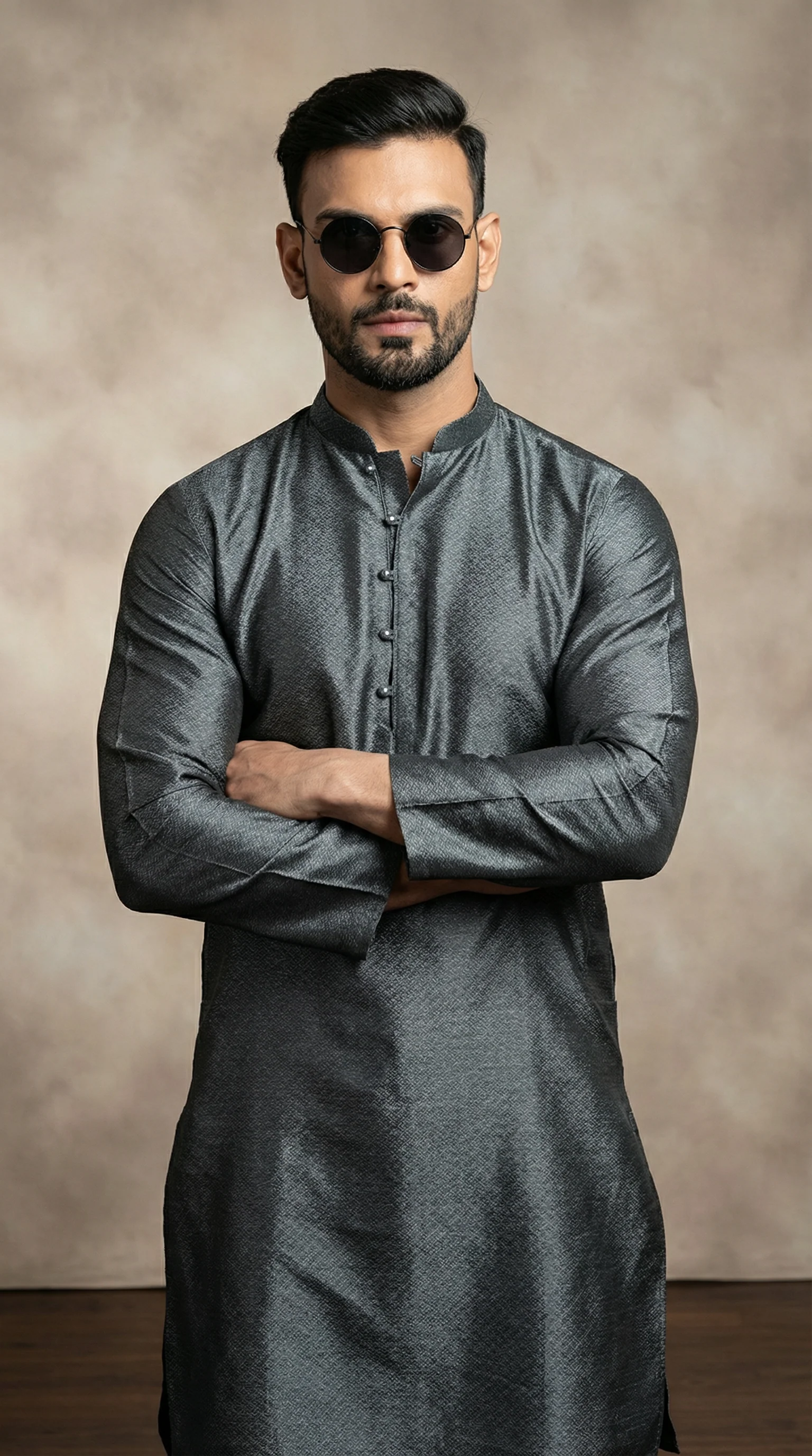 Men’s Grey Luxury Jacquard Shalwar Kameez - Image 2