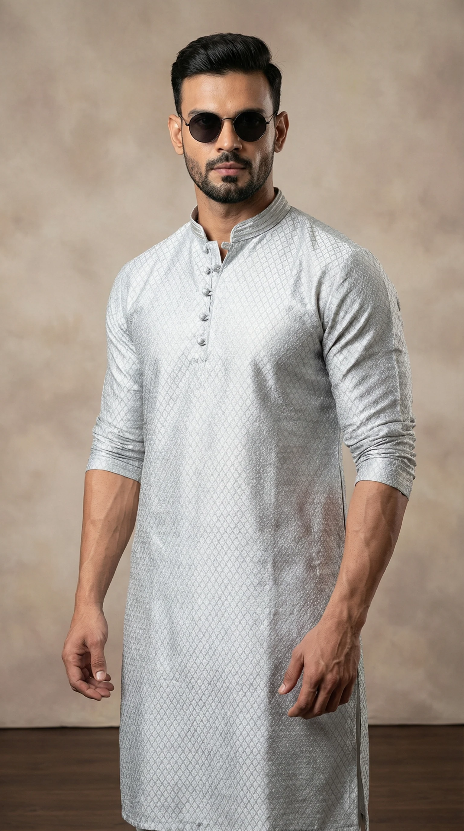 Men's Grey Self Brocade Kurta Payjama Set - Image 2