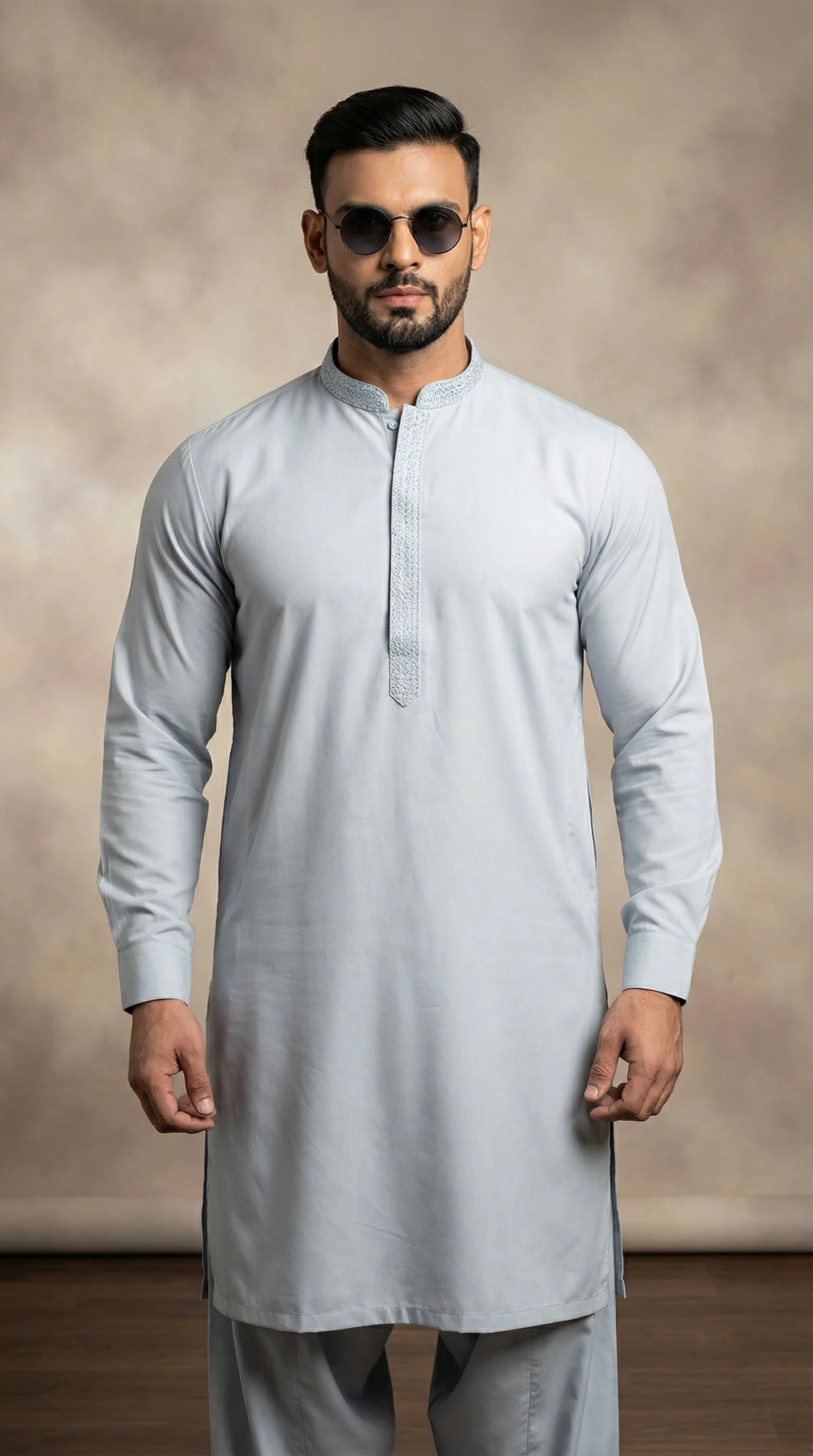 Men’s Grey Threadwork Shalwar Kameez - Image 2