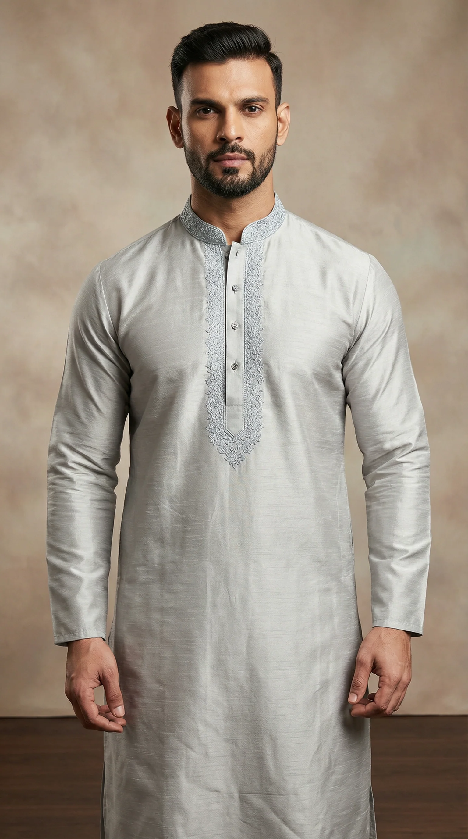 Men's Grey Zari Embroidered Kurta Payjama Set - Image 2
