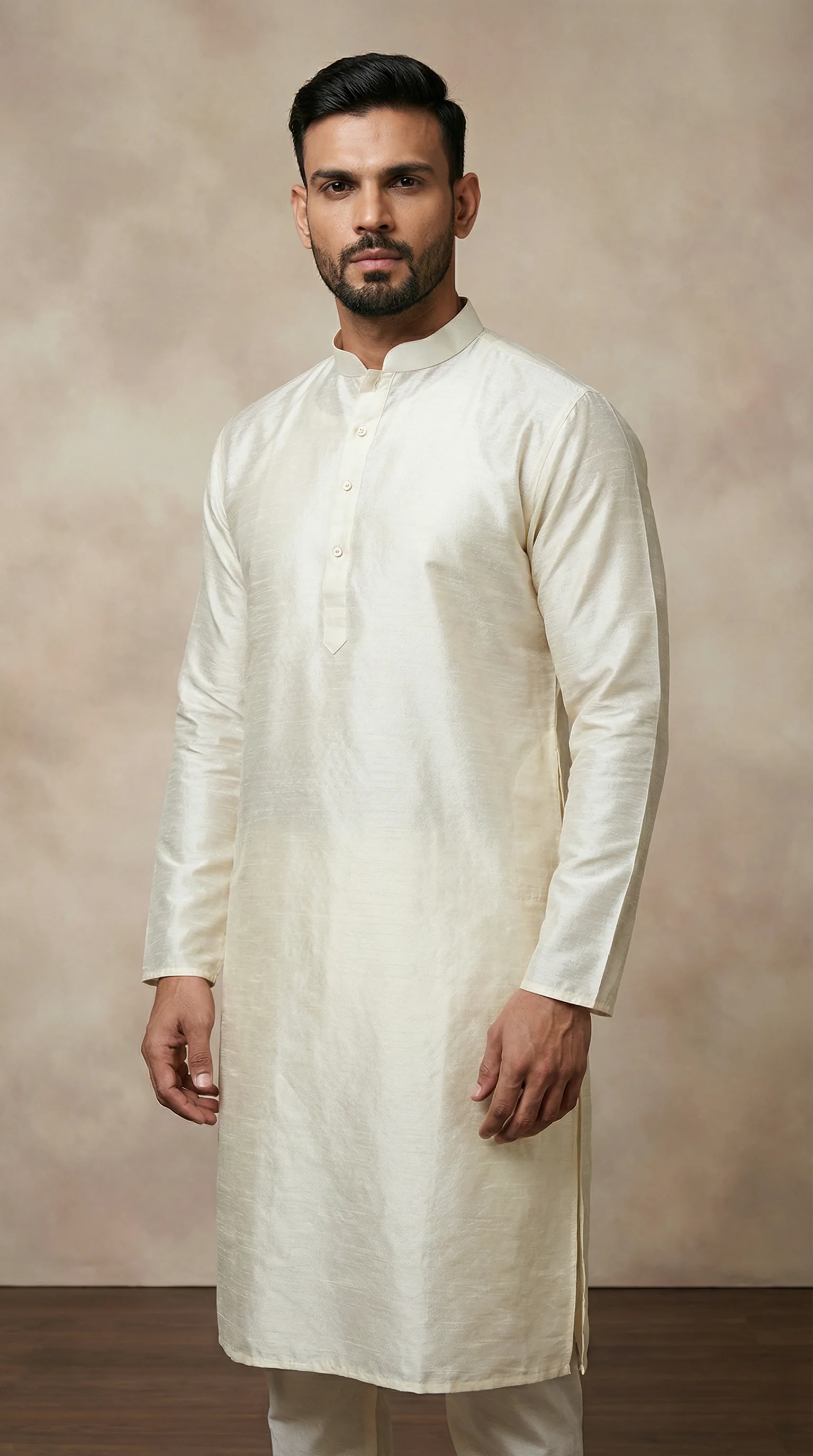 Men's Jacquard Cream Kurta Set - Image 2