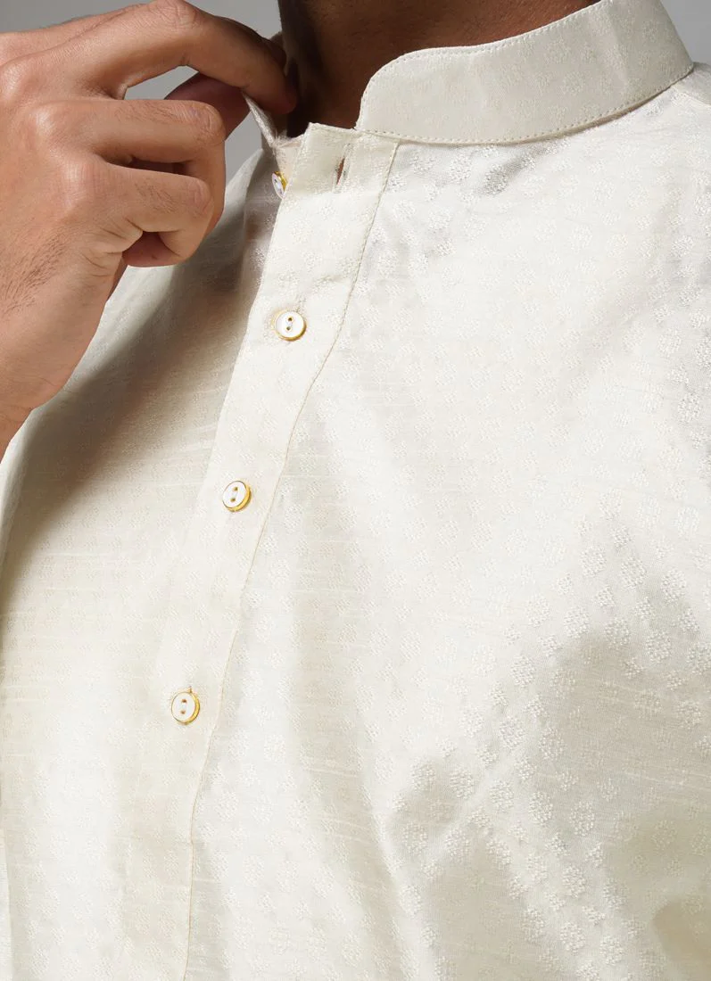 Men's Jacquard Cream Kurta Set - Image 3