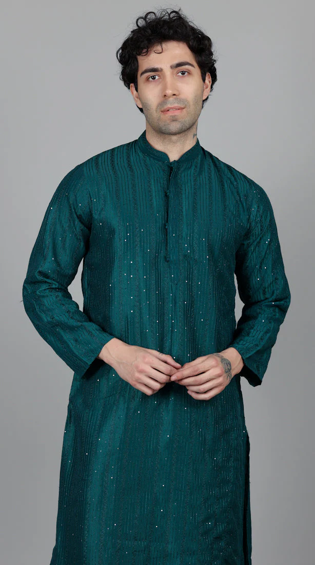 Men's Jade Blue Sequin Embroidered Kurta Pajama Set - Image 2