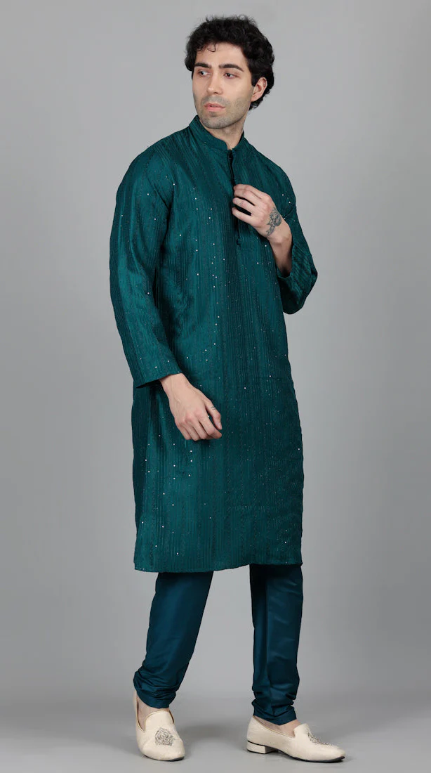 Men's Jade Blue Sequin Embroidered Kurta Pajama Set - Image 3