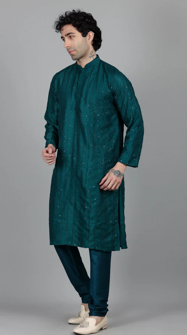 Men's Jade Blue Sequin Embroidered Kurta Pajama Set - Image 4