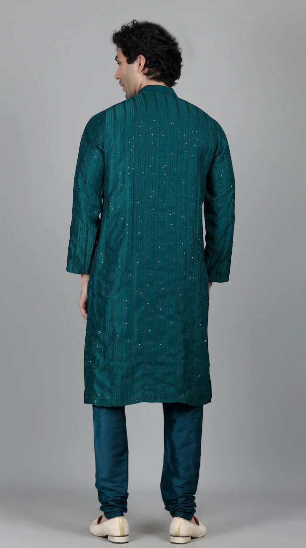 Men's Jade Blue Sequin Embroidered Kurta Pajama Set - Image 5
