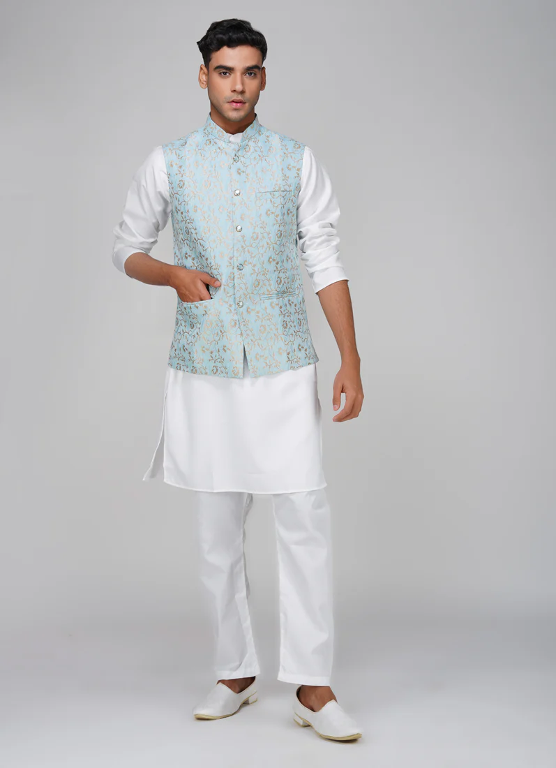 Men's Light Blue Brocade Jacket - Image 3