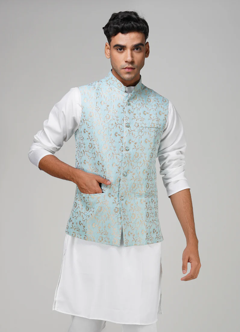 Men's Light Blue Brocade Jacket - Image 4