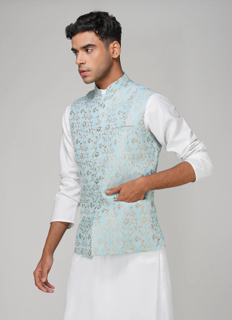 Men's Light Blue Brocade Jacket - Image 7