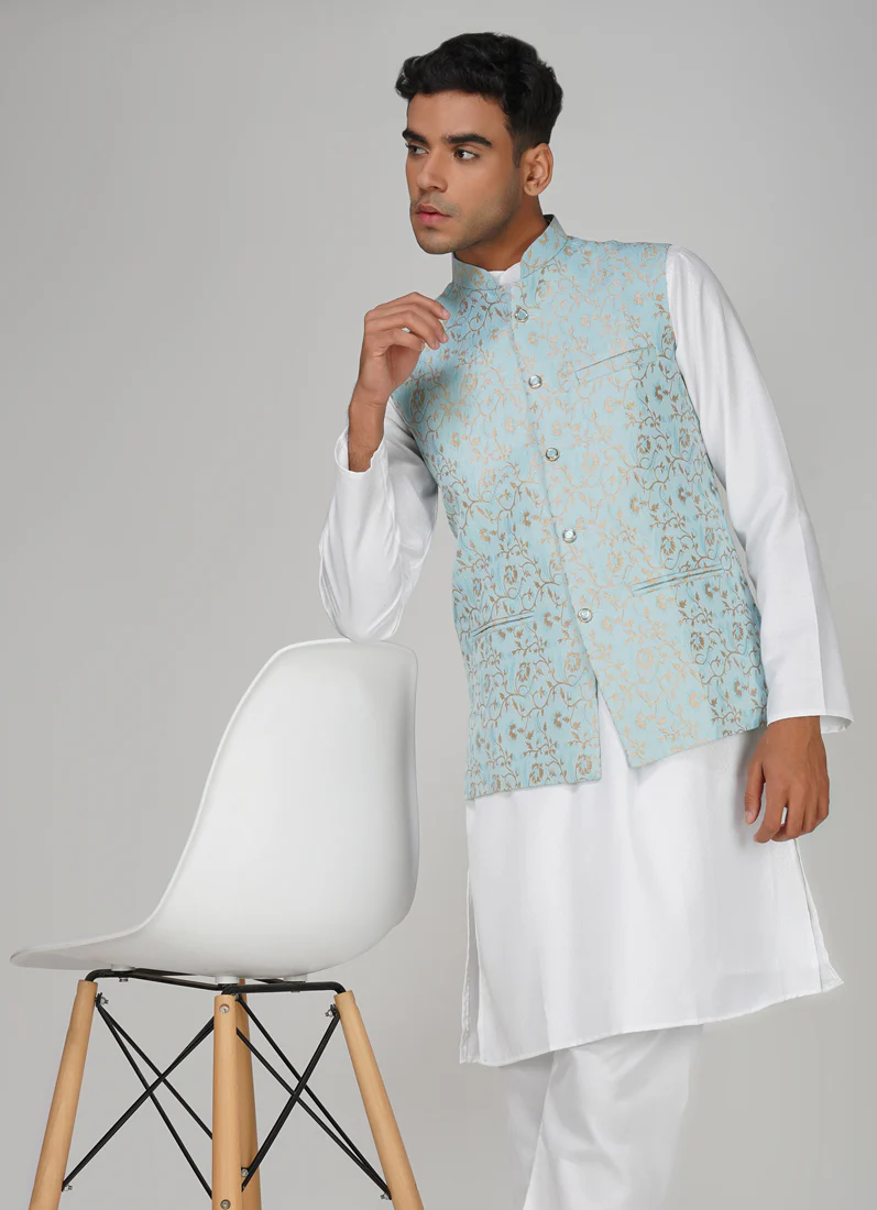 Men's Light Blue Brocade Jacket - Image 8
