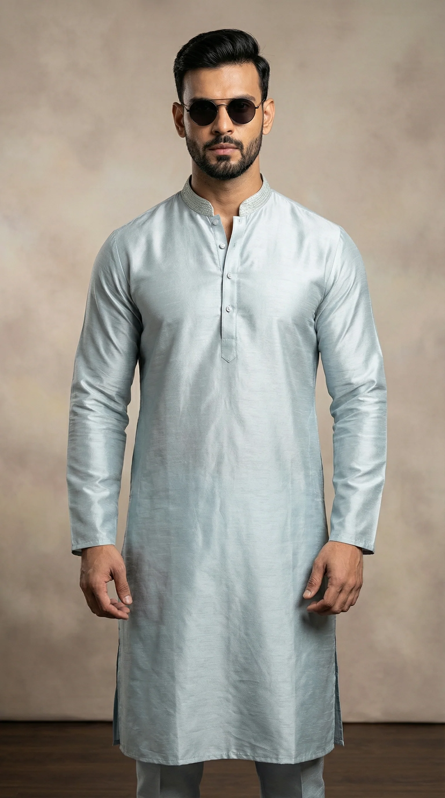 Men’s Light Blue Jacquard Dori Embroidered Kurta Pyjama - Image 2