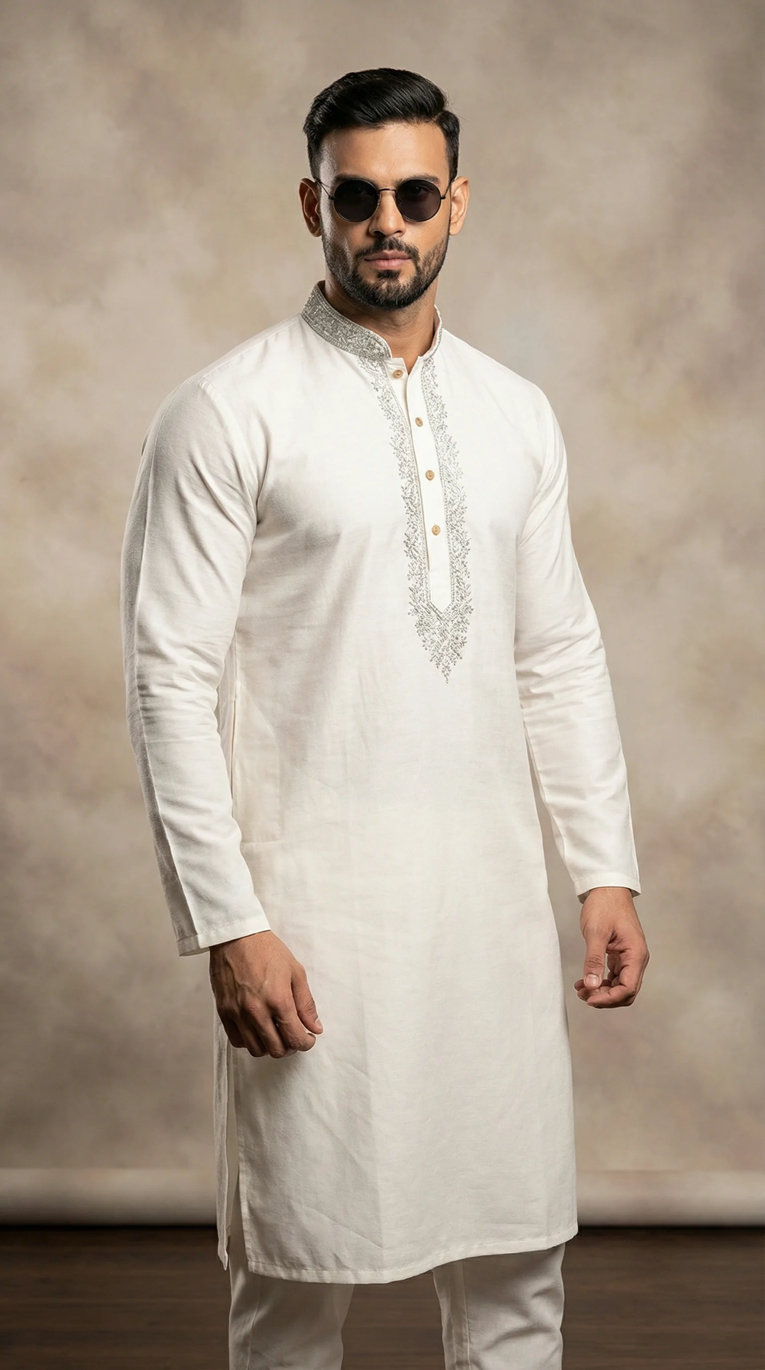 Men's Light Gold Resham Brocade Embroidered Kurta Payjama Set - Image 2
