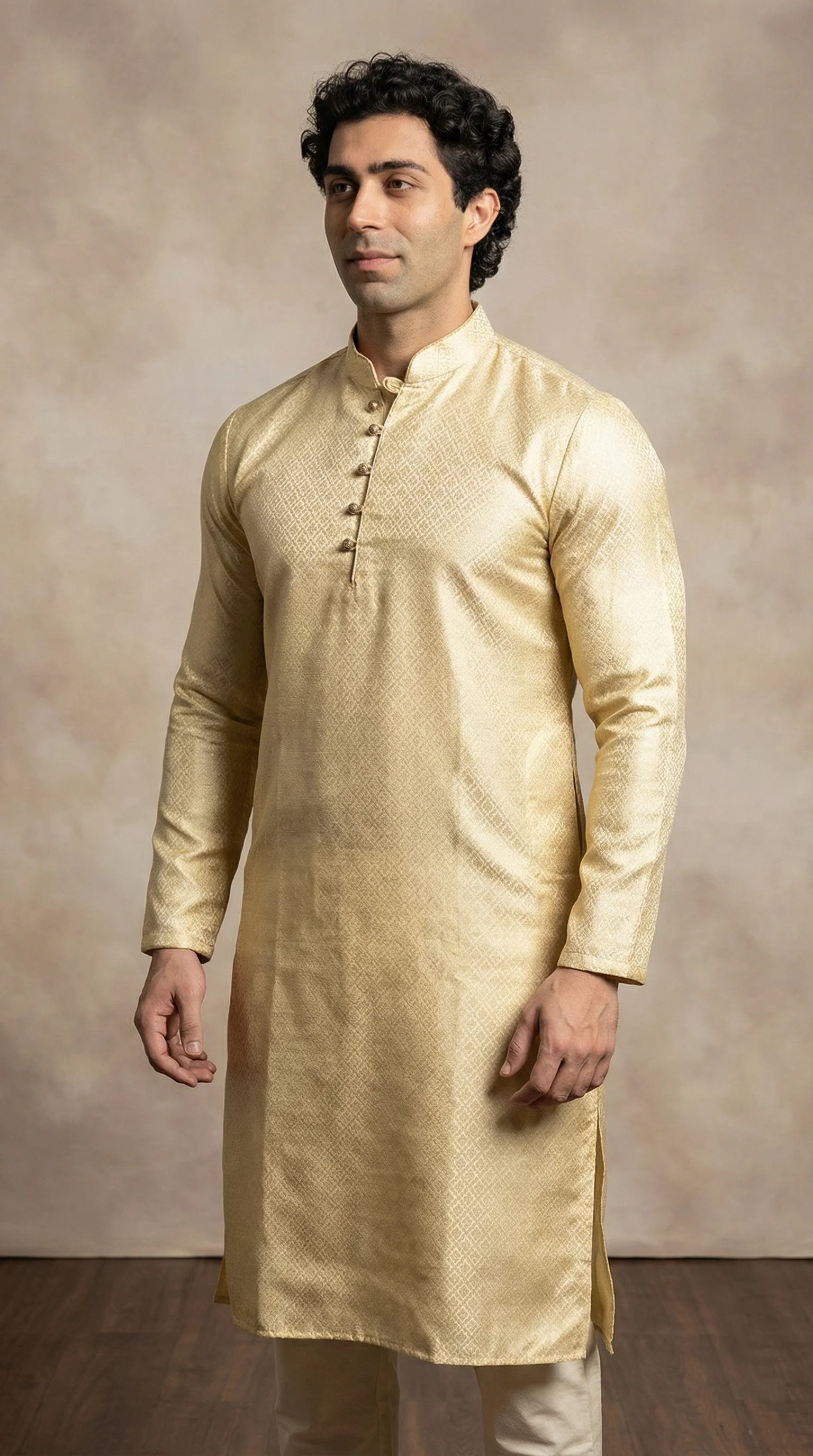 Men's Light Gold Resham Brocade Kurta Pyjama - Image 2