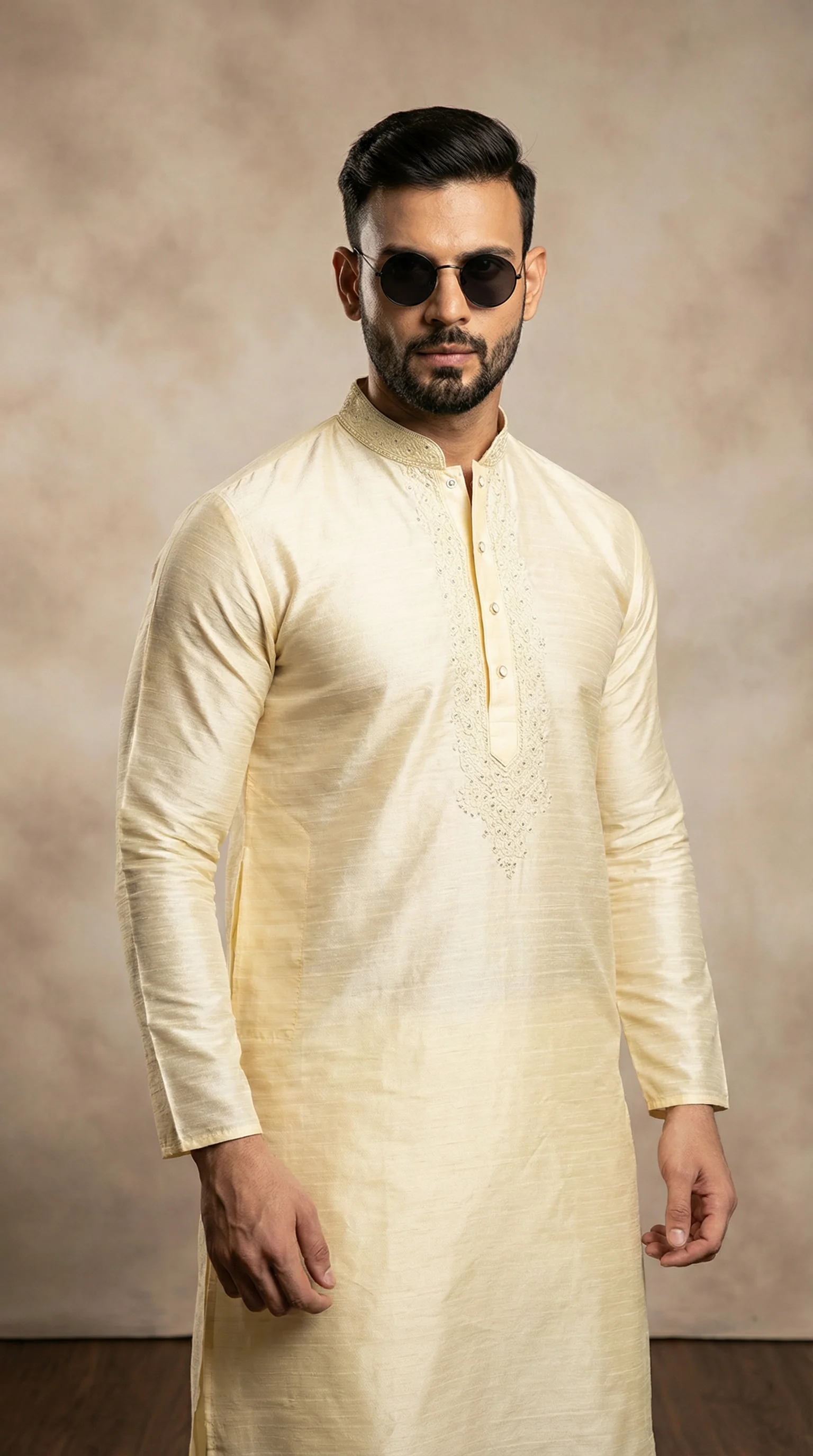 Men's Light Gold Resham Embroidered Kurta Payjama Set - Image 2
