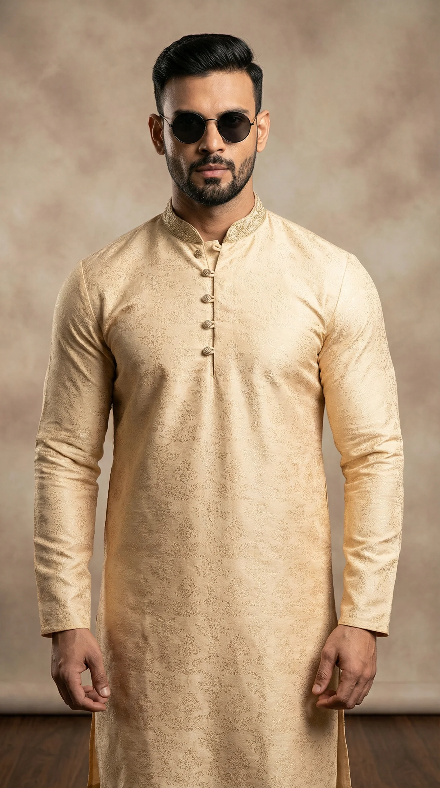 Men's Light Gold Self Brocade Embroidered Collar Kurta Pyjama - Image 2