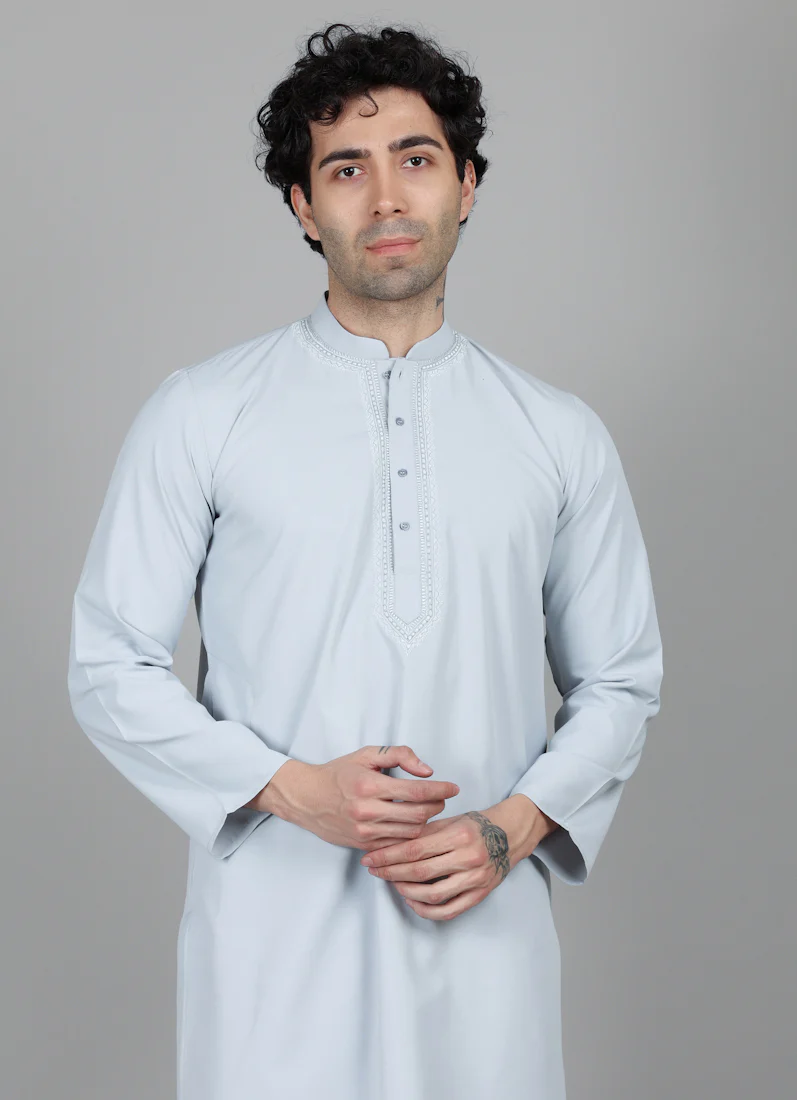 Men's Light Grey Thread Embroidered Salwar Set - Image 2
