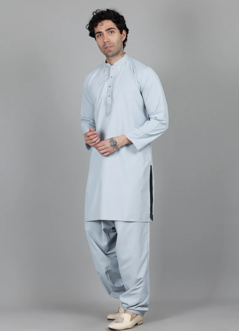 Men's Light Grey Thread Embroidered Salwar Set - Image 3