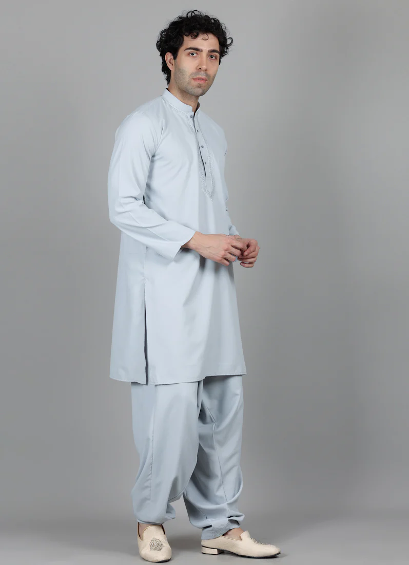 Men's Light Grey Thread Embroidered Salwar Set - Image 4