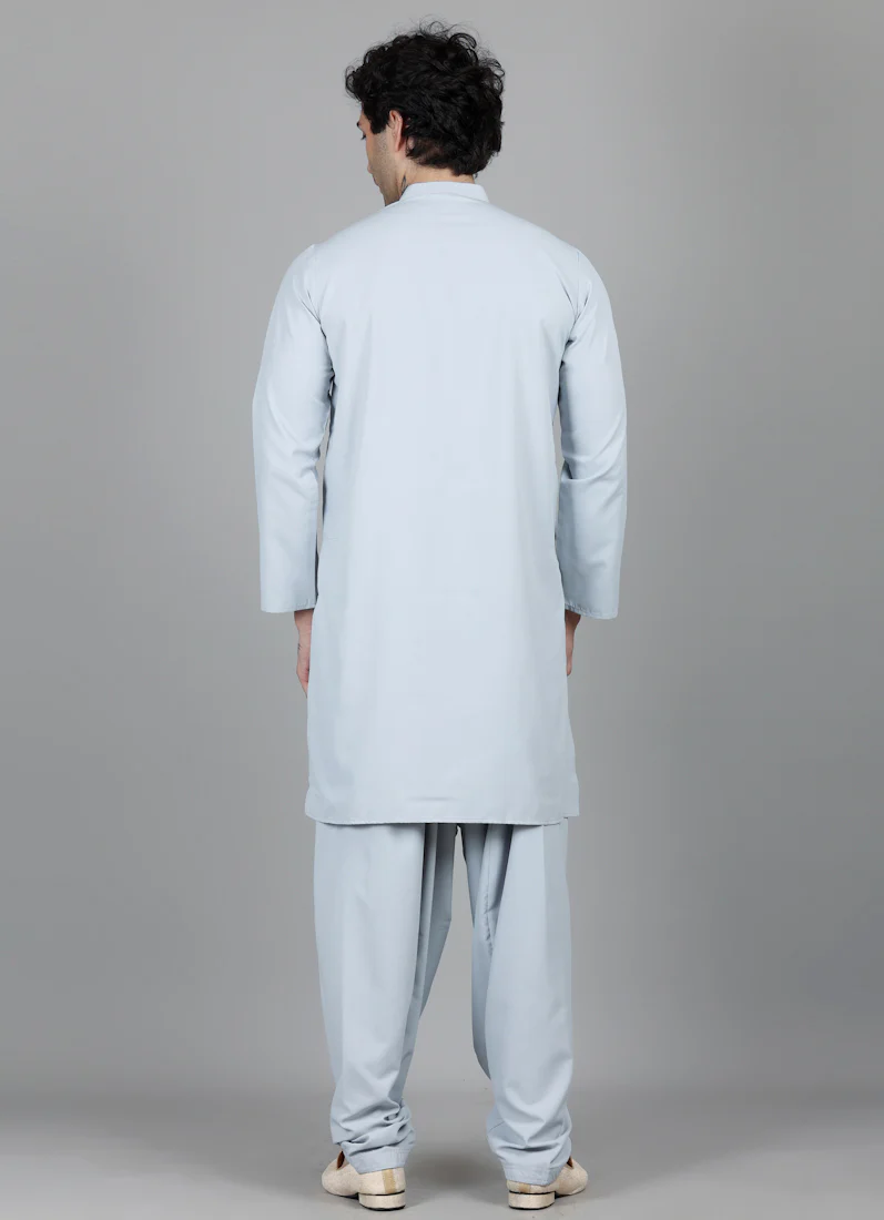 Men's Light Grey Thread Embroidered Salwar Set - Image 5
