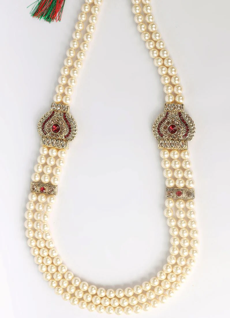 Men’s Maroon Diamonte Wedding Necklace – Pearl & Diamonte Sherwani Mala - Image 4