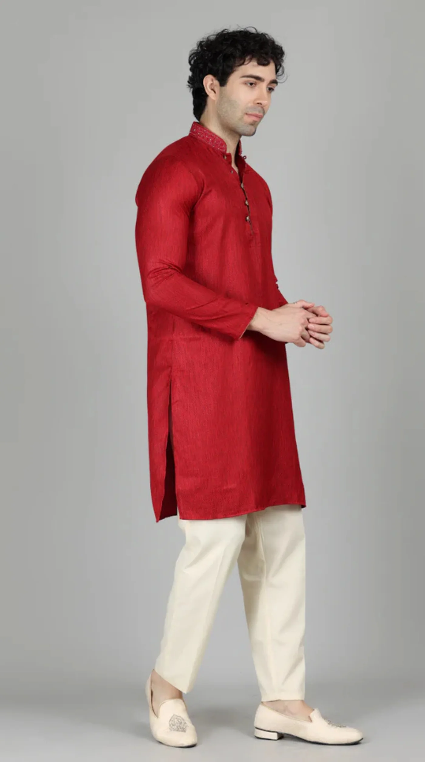 Men's Maroon Self Resham Jacquard Embroidered Set - Image 3