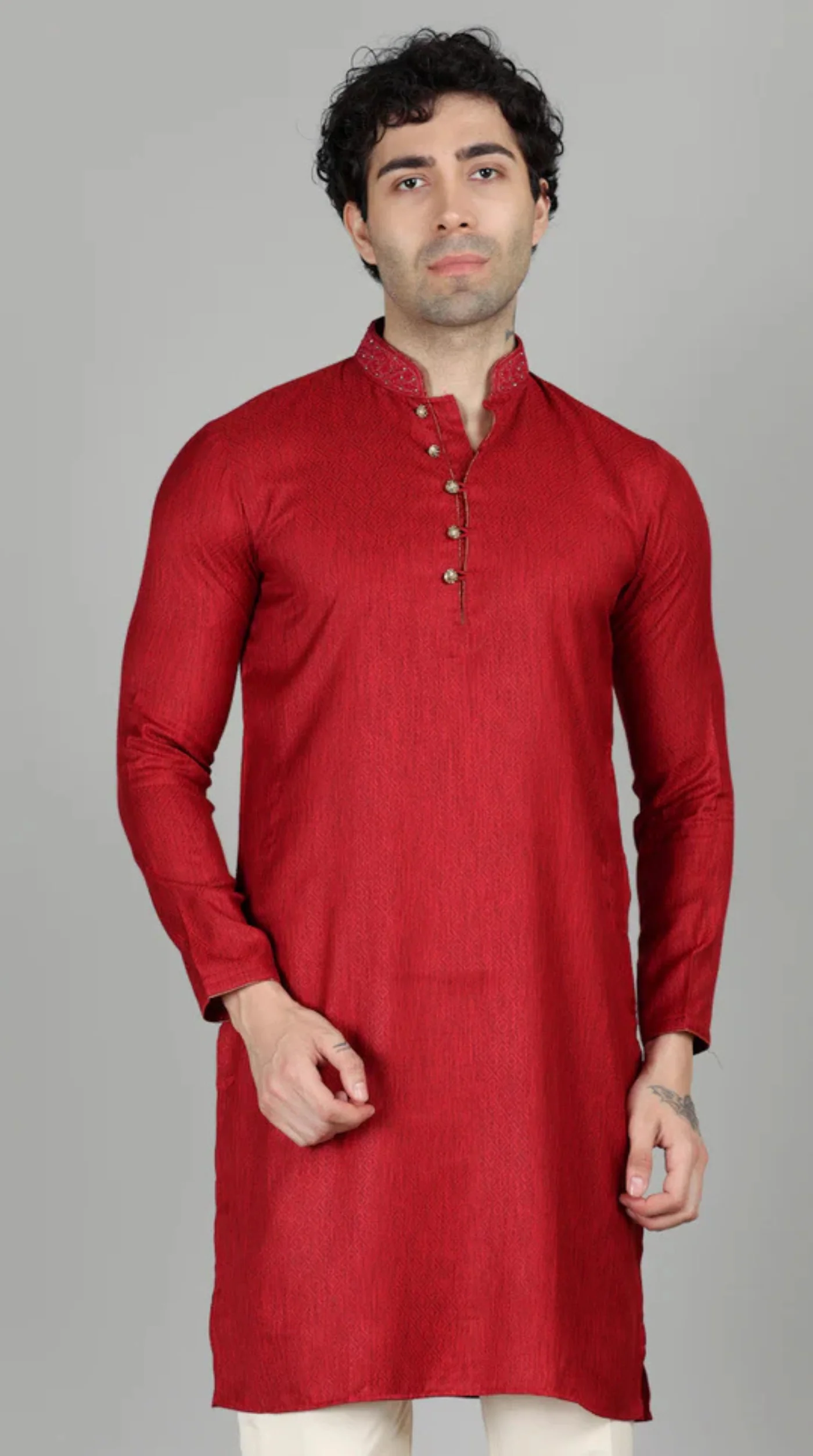 Men's Maroon Self Resham Jacquard Embroidered Set - Image 5