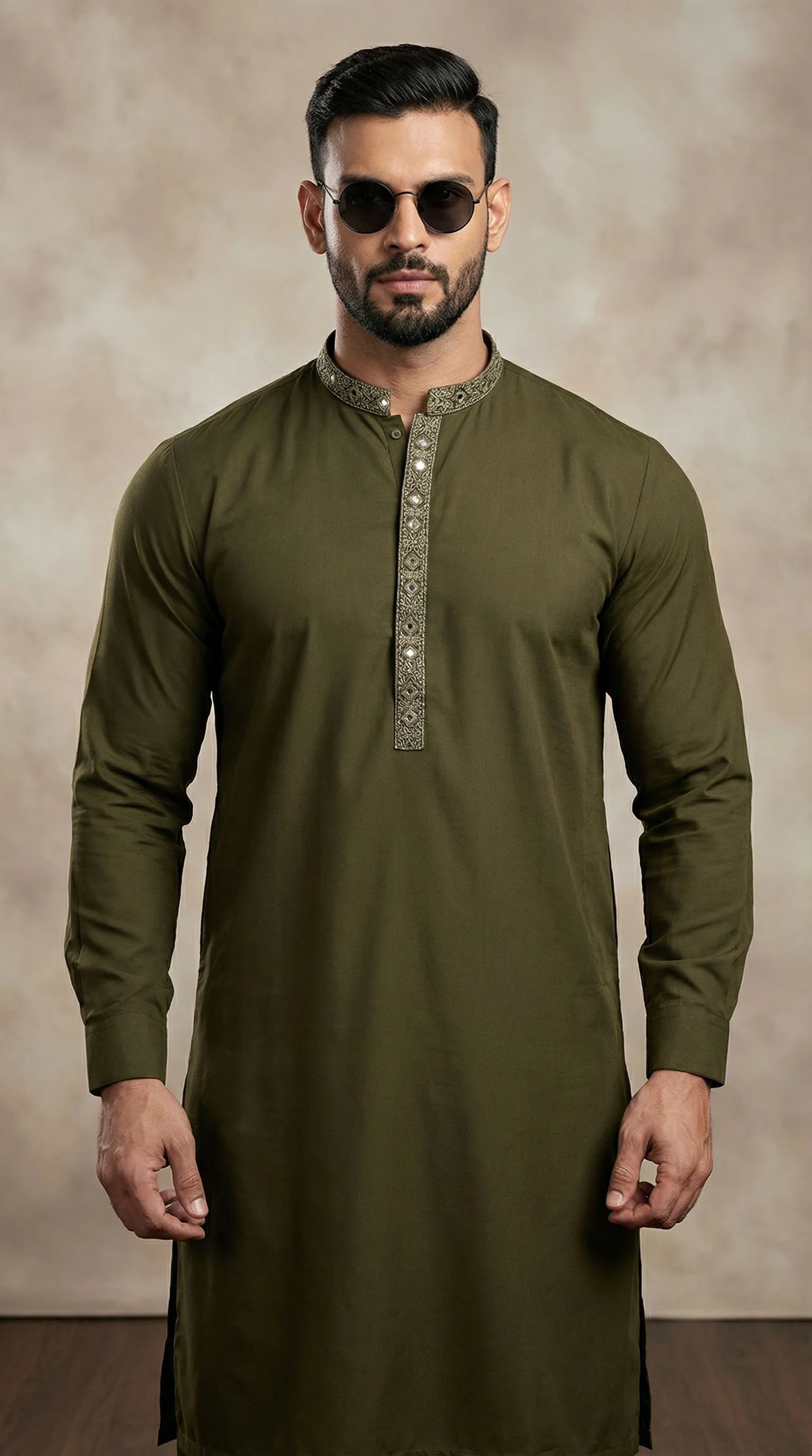 Men’s Mehndi Green Embroidered Shalwar Kameez - Image 2