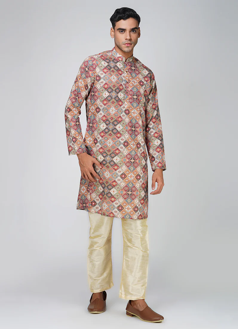 Men's Multicolour Chikankari Kurta Set - Image 2