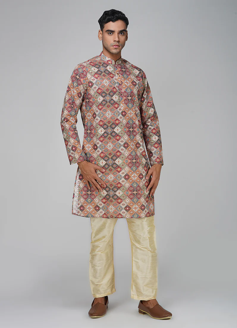 Men's Multicolour Chikankari Kurta Set - Image 3