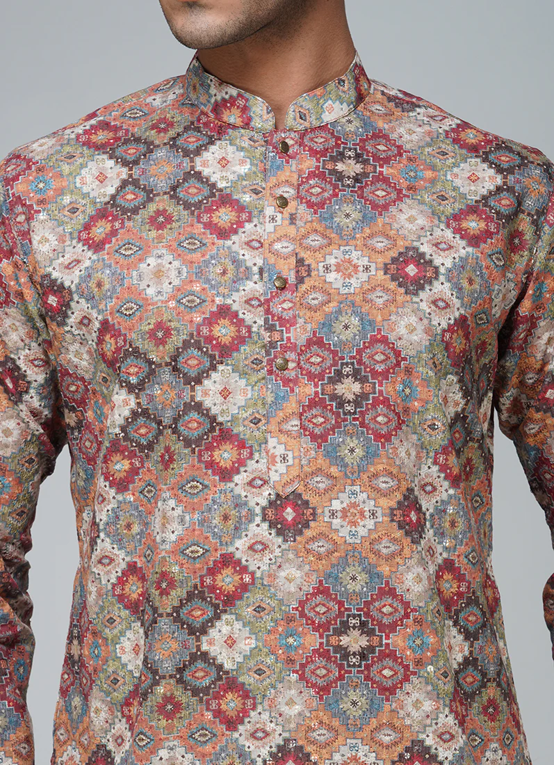Men's Multicolour Chikankari Kurta Set - Image 4