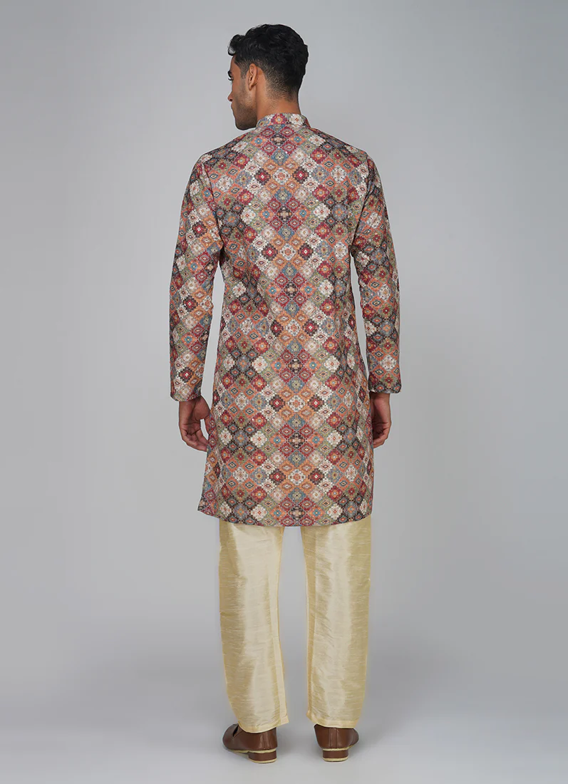 Men's Multicolour Chikankari Kurta Set - Image 5
