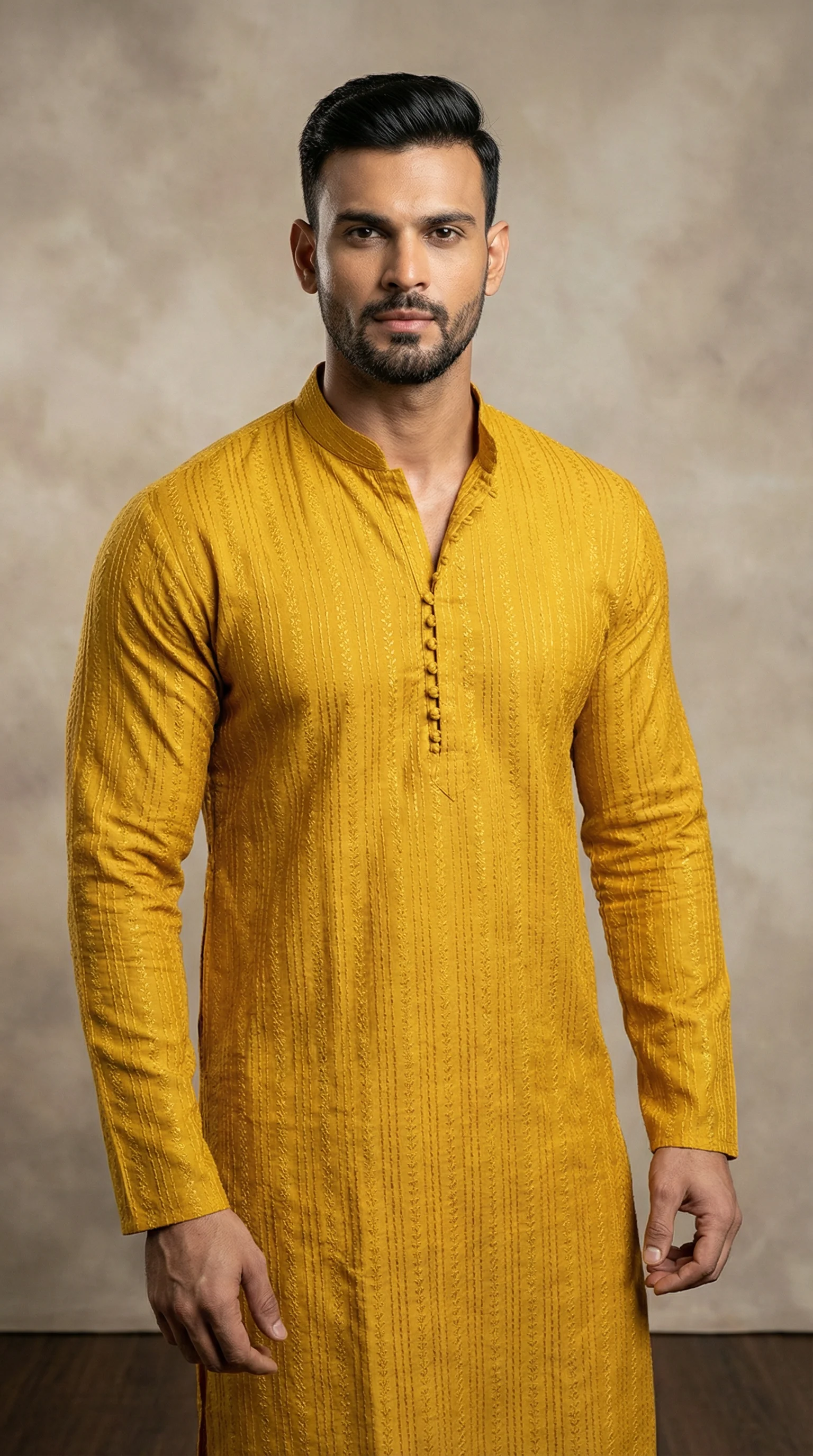 Men's Mustard Yellow Sequin Embroidered Pyjama Set - Image 2