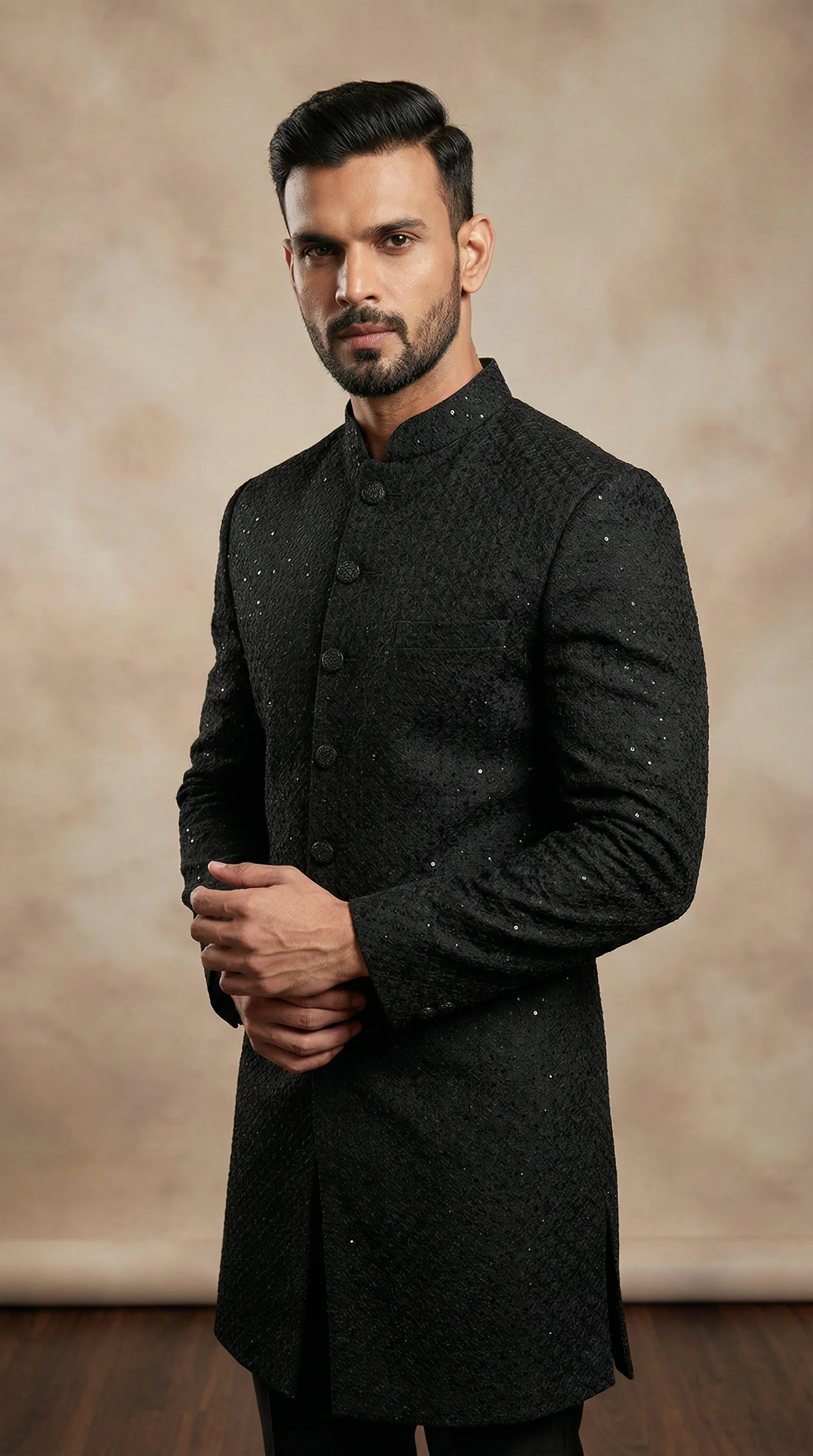 Men's Black Brocade Embroidered Semi Sherwani - Image 2