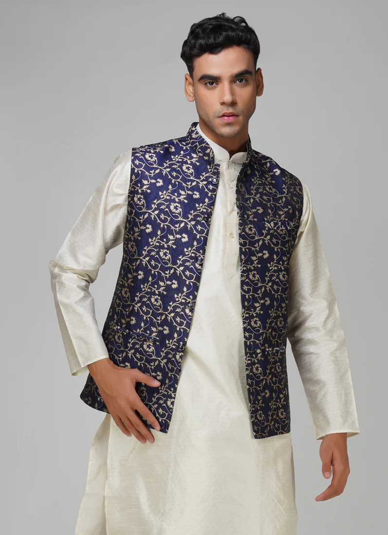 Men's Navy Blue Brocade Jacket - Image 3