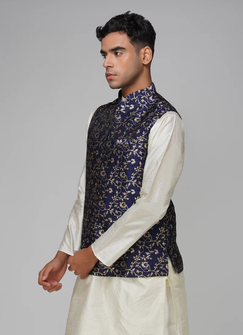 Men's Navy Blue Brocade Jacket - Image 4