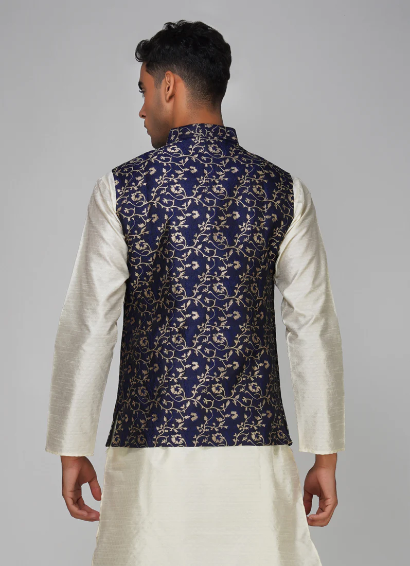 Men's Navy Blue Brocade Jacket - Image 5