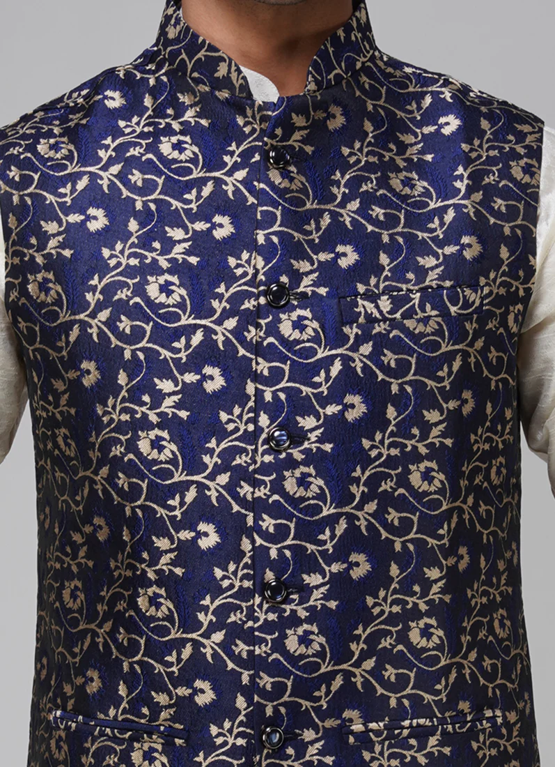Men's Navy Blue Brocade Jacket - Image 6