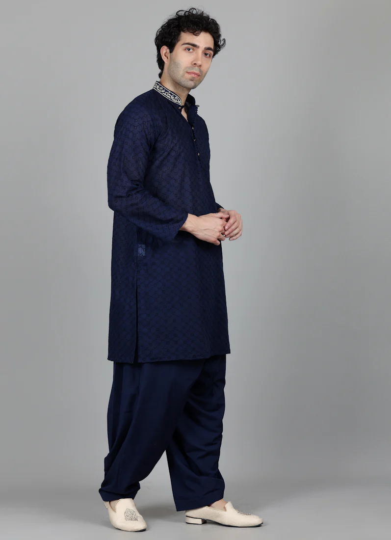 Men's Navy Blue Chikankari Kurta Salwar Set - Image 2