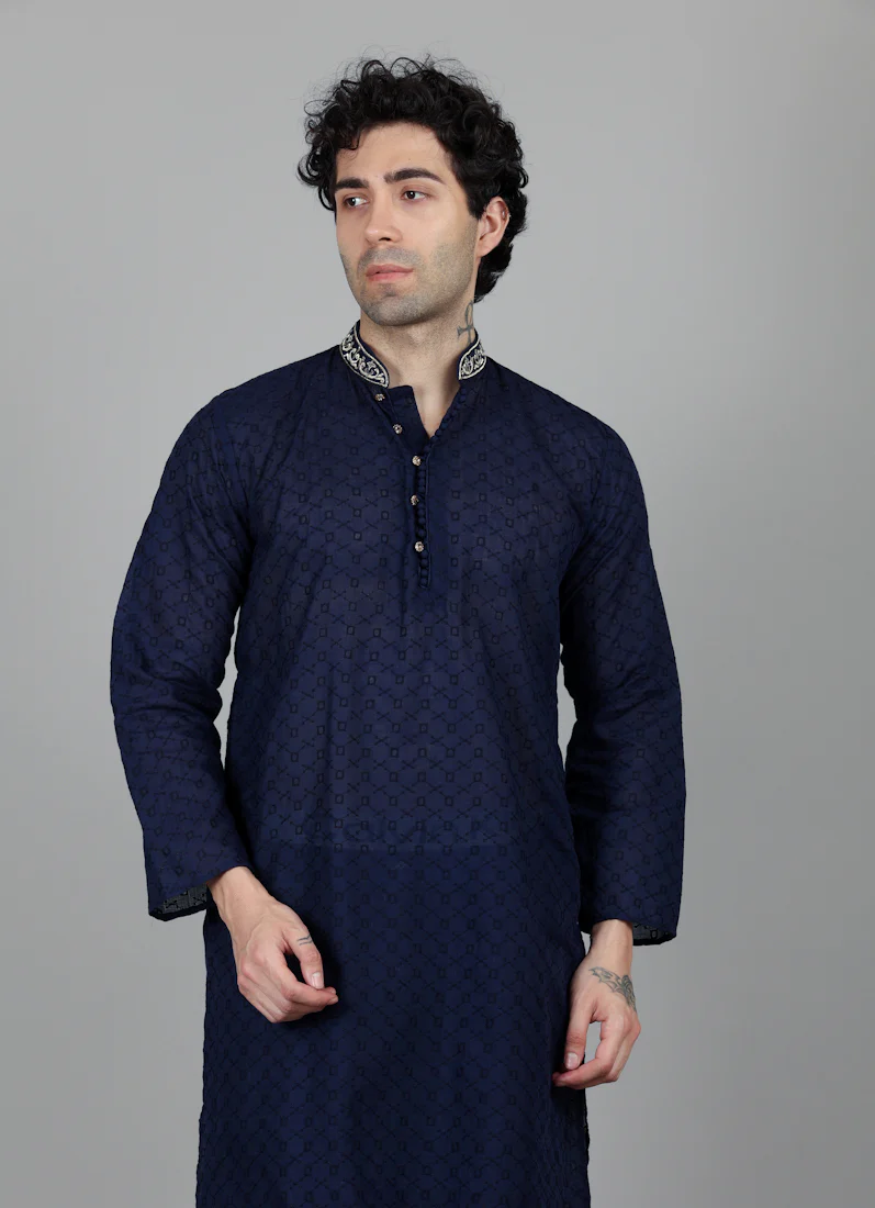 Men's Navy Blue Chikankari Kurta Salwar Set - Image 3