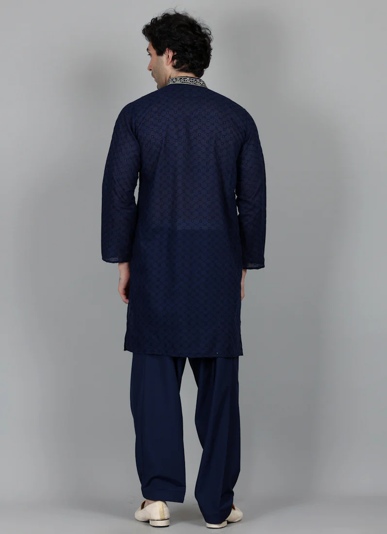 Men's Navy Blue Chikankari Kurta Salwar Set - Image 4