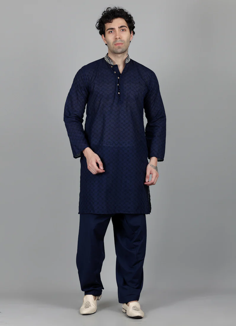 Men's Navy Blue Chikankari Kurta Salwar Set - Image 5
