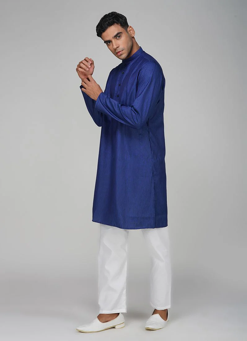 Men's Navy Blue Dobby Kurta Pajama Set - Image 2