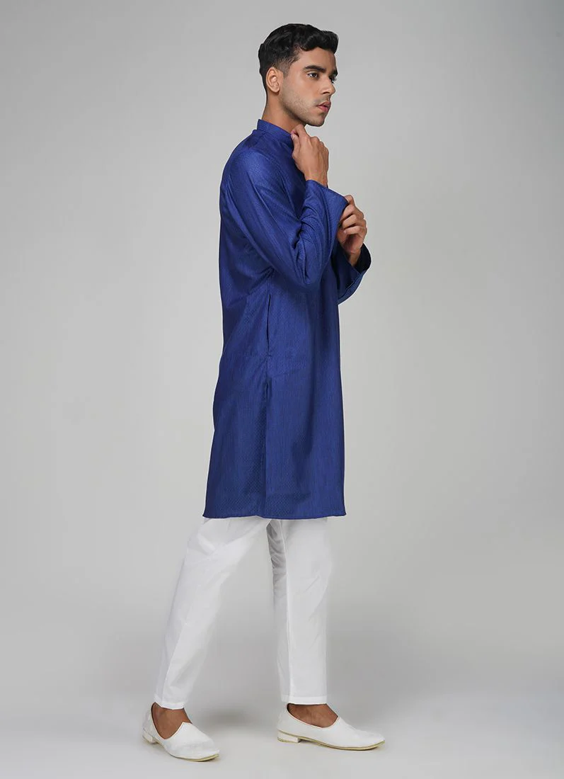 Men's Navy Blue Dobby Kurta Pajama Set - Image 3
