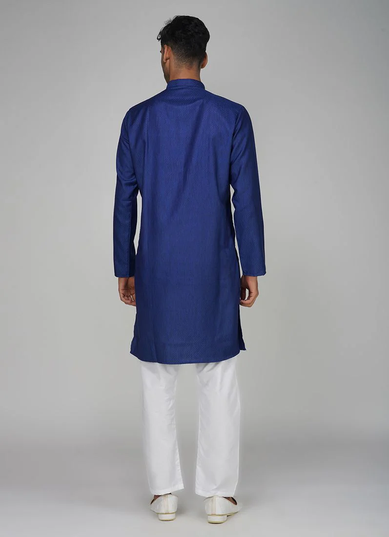 Men's Navy Blue Dobby Kurta Pajama Set - Image 5