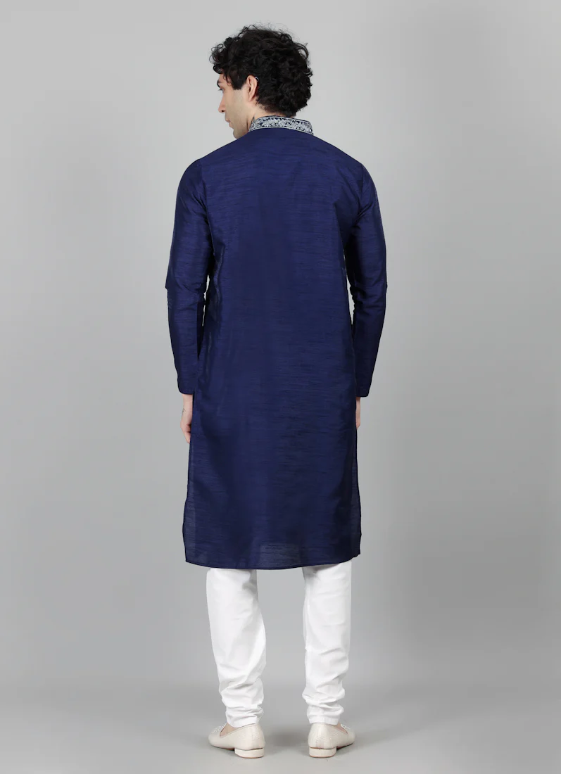 Men's Navy Blue Silver Zari Embroidered Pajama Set - Image 2