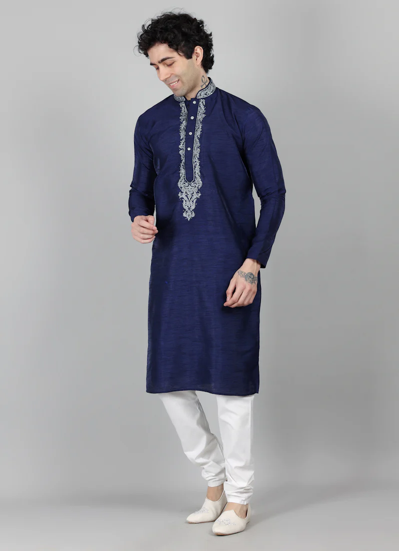 Men's Navy Blue Silver Zari Embroidered Pajama Set - Image 3