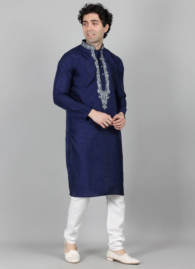 Men's Navy Blue Silver Zari Embroidered Pajama Set - Image 4