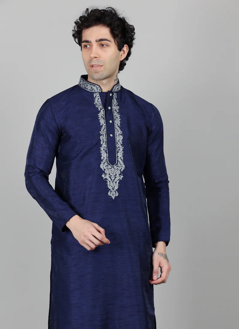 Men's Navy Blue Silver Zari Embroidered Pajama Set - Image 5