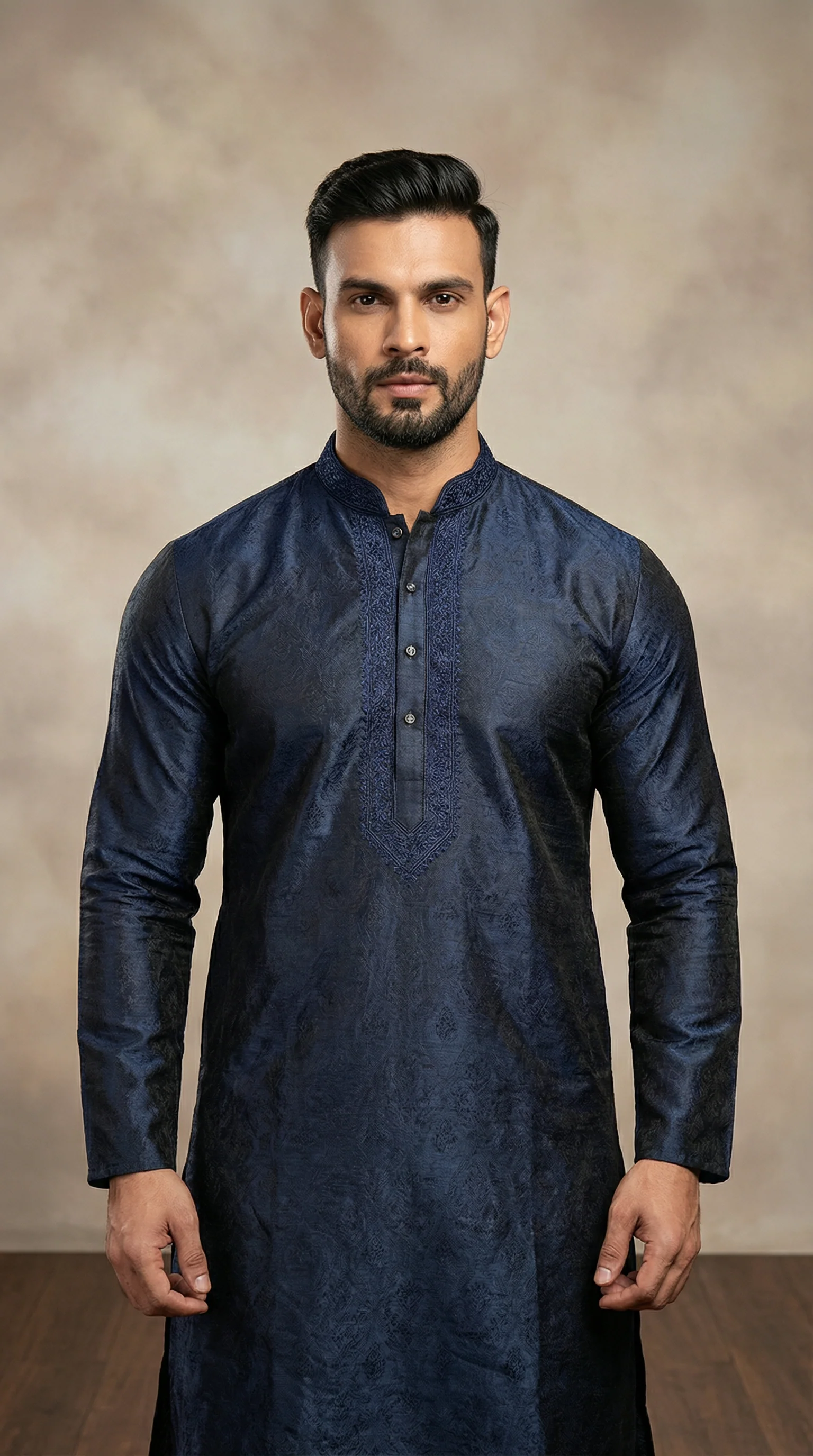 Men's Navy Blue Jacquard Embroidered Payjama Set - Image 2