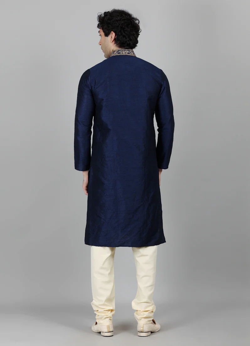 Men's Navy Blue Jacquard Gold Embroidered Kurta Payjama Set - Image 2